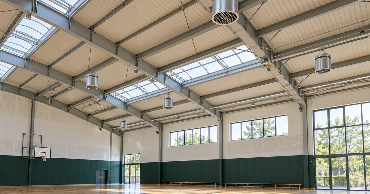 Déstratificateurs verticaux suspendus dans une salle de sport de grande hauteur.