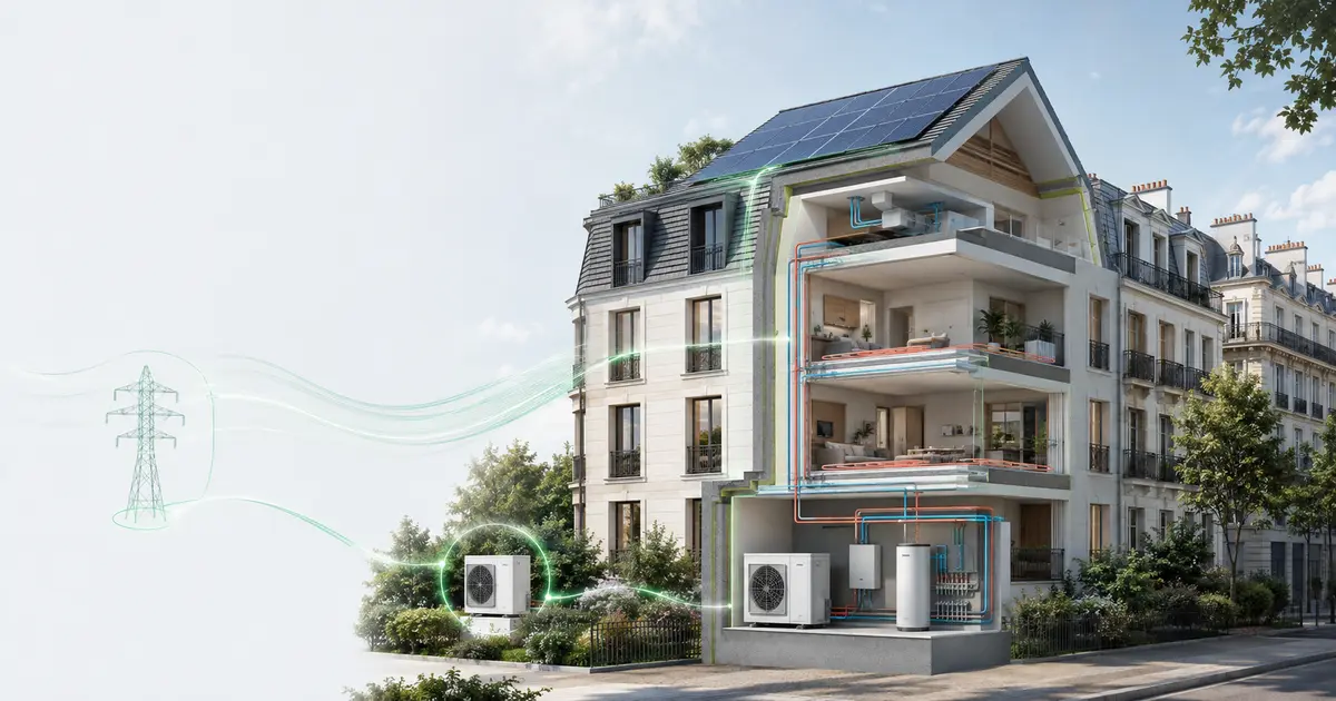 Immeuble performant avec panneaux photovoltaïques, pompe à chaleur et réseaux énergétiques
