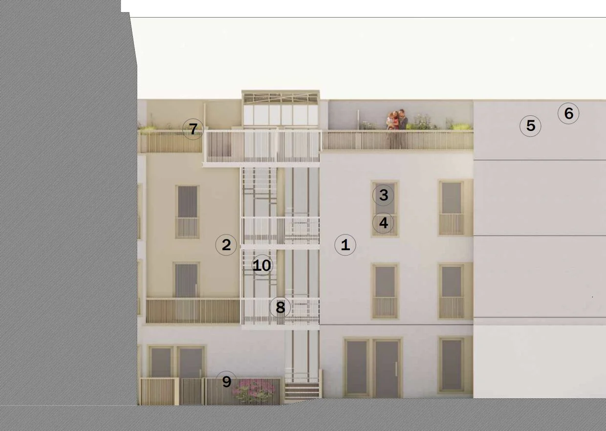 Élévation de façade du projet présentant les balcons, la circulation et les ouvertures.