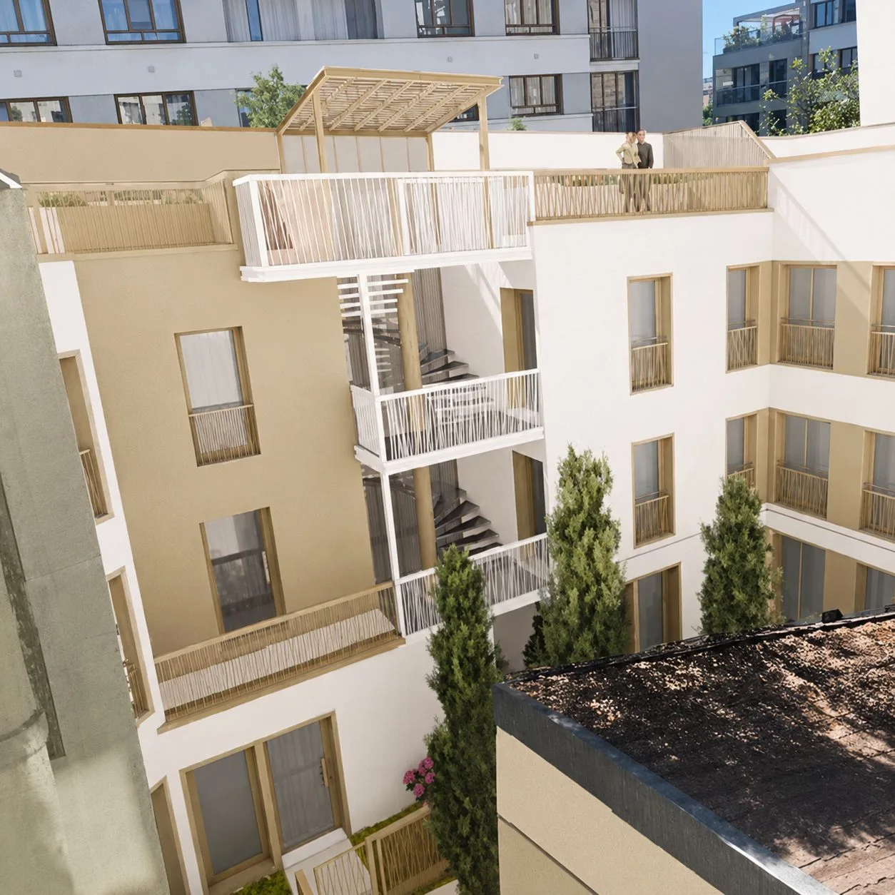 Vue réaliste de la cour intérieure végétalisée du projet de cinq logements à Paris 12e.