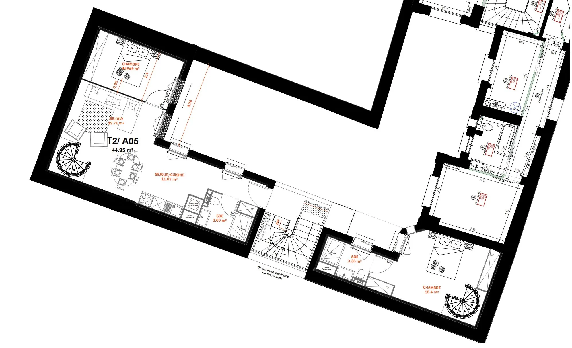 Plan d’un appartement T2 du projet de cinq logements à Paris 12e.