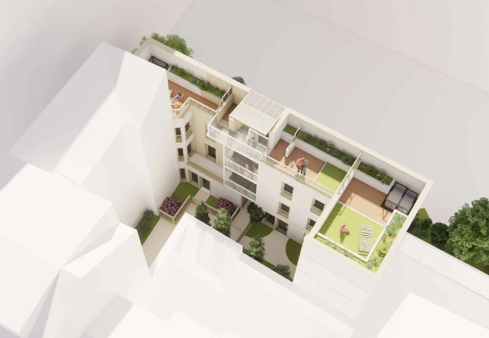 Vue aérienne du projet de logements au cœur d’un îlot parisien.